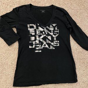 DKNY Jeans Black V Neck Top, Long Sleeves, Large